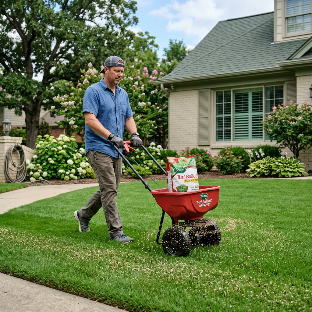 Man pushing a red fertilizer spreader on a green lawn in front of a house