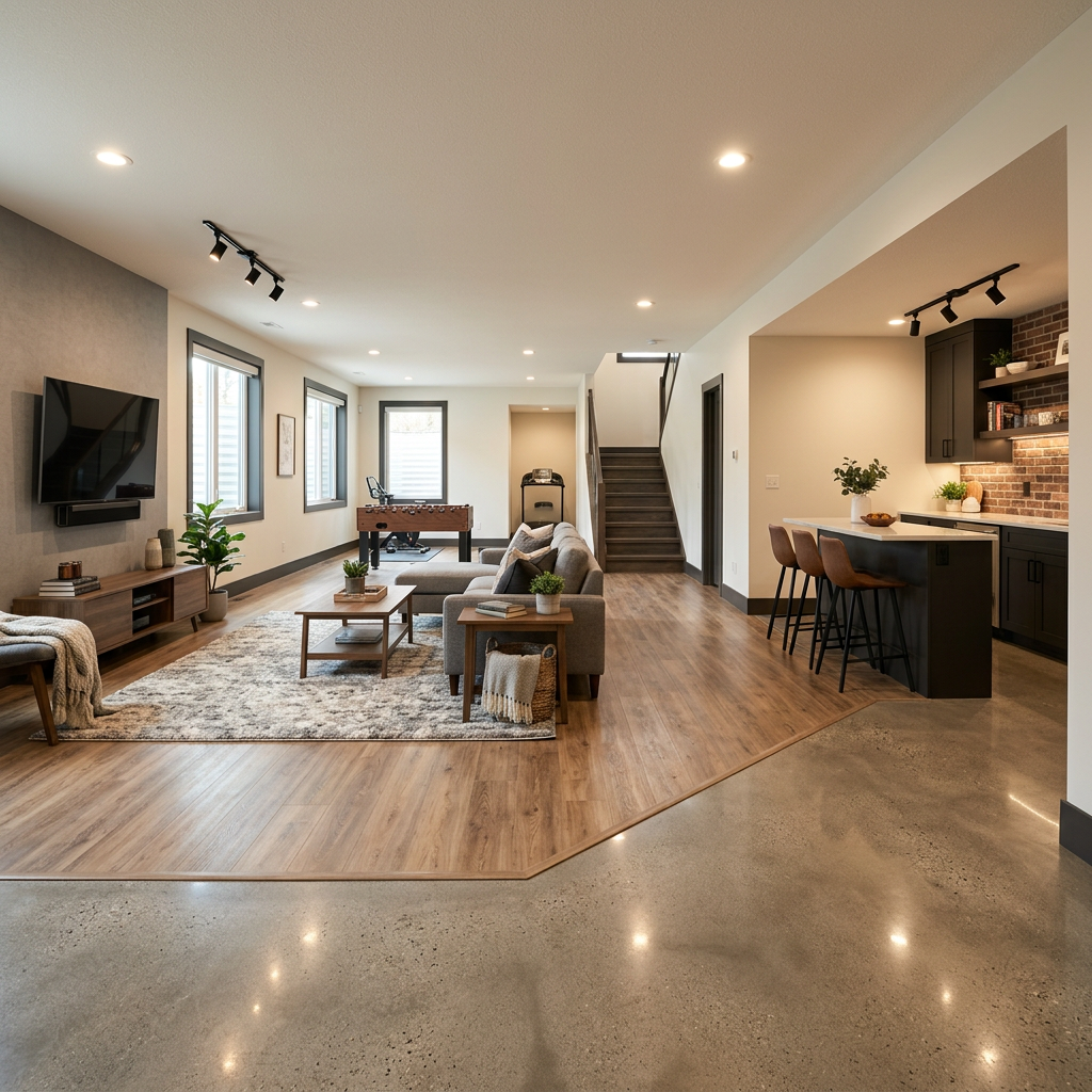 Open basement living area with gray sofa, foosball table, and kitchenette with bar stools