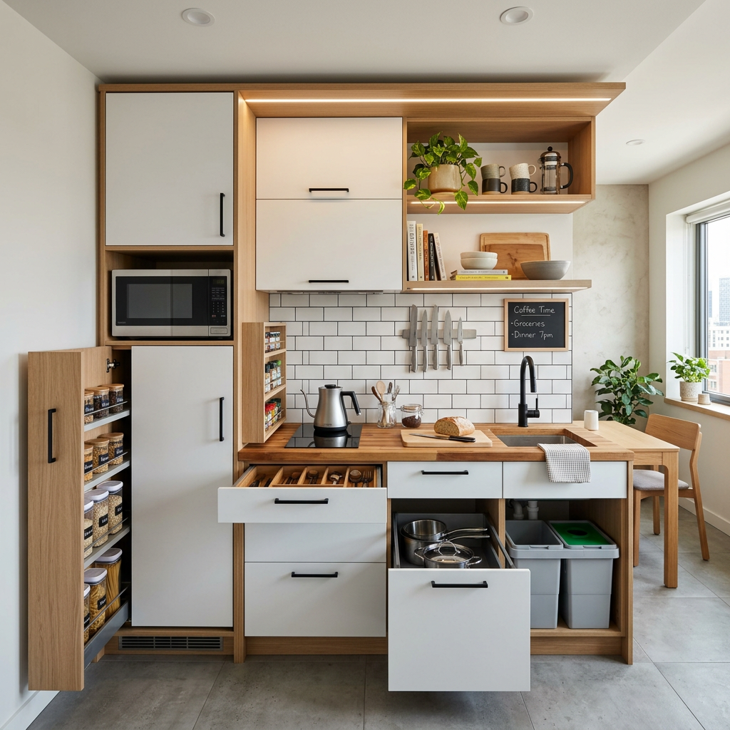 Compact modern kitchen with white cabinets, wooden countertops, open shelves with plants and mugs, spice racks, pull-out drawers, and a small dining area by a window.