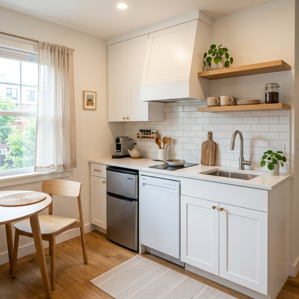 Bright kitchen with white cabinets, wooden shelves, and small dining table