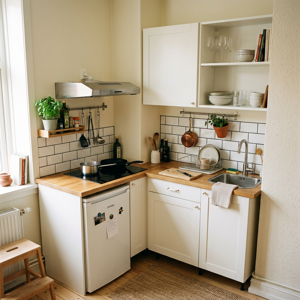 Compact kitchen featuring stove, sink, wooden countertops, white cabinets, and kitchen utensils