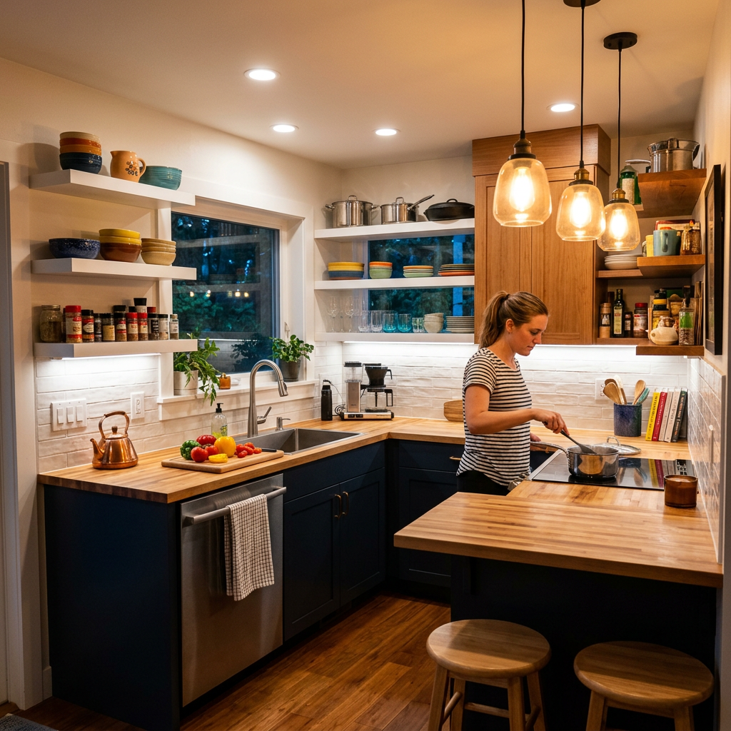 Woman cooking at stovetop in a modern kitchen with wooden countertops and open shelves