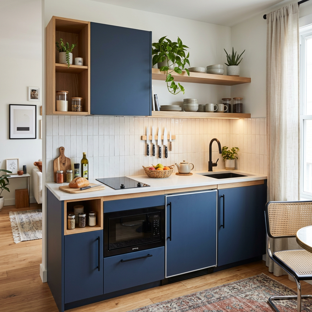 Kitchen with navy lower cabinets, wooden open shelves, white countertop, black sink faucet, and kitchen appliances