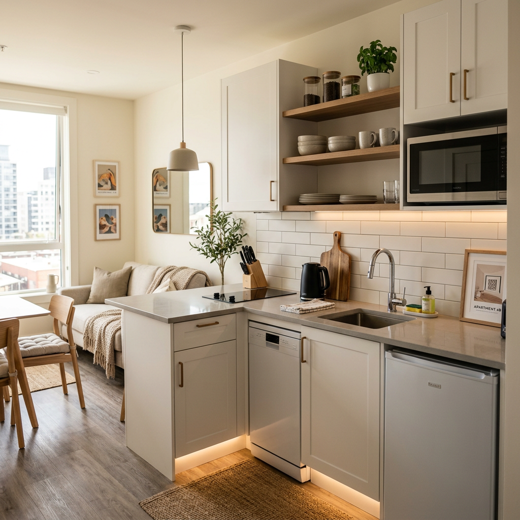 Compact modern kitchen with white cabinets, open shelves, dining table, and sofa by window