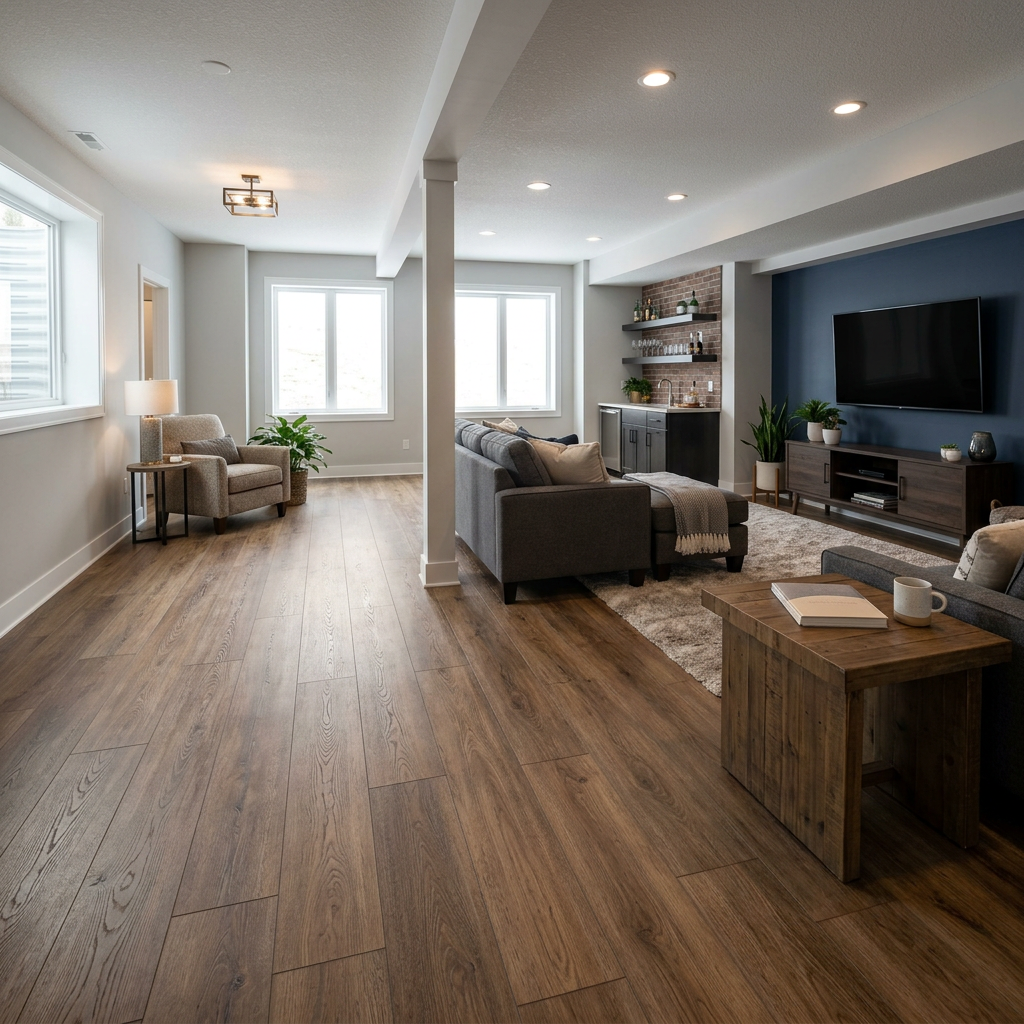 Basement living room with gray sofa, armchair, wooden flooring, and TV