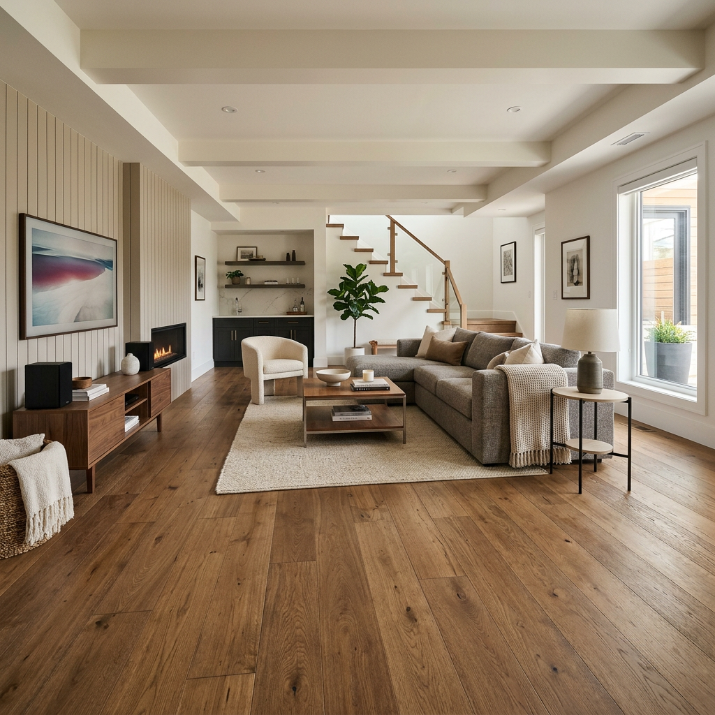 Living room with gray sectional sofa, beige armchair, wooden floor, fireplace, and staircase