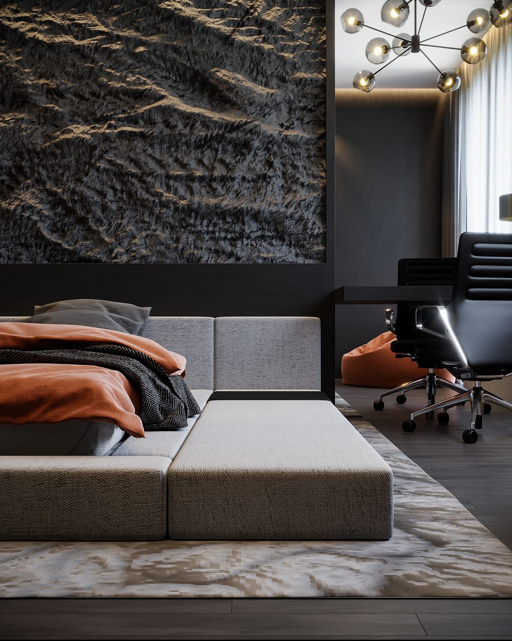 gray bed in modern bedroom