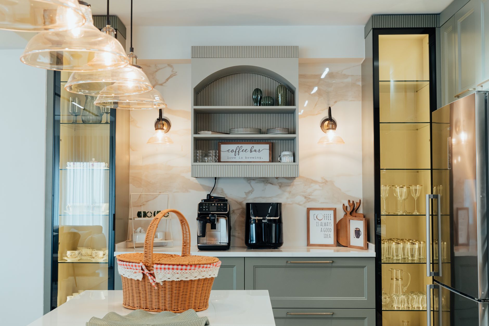 cozy modern kitchen with coffee bar and elegant lighting