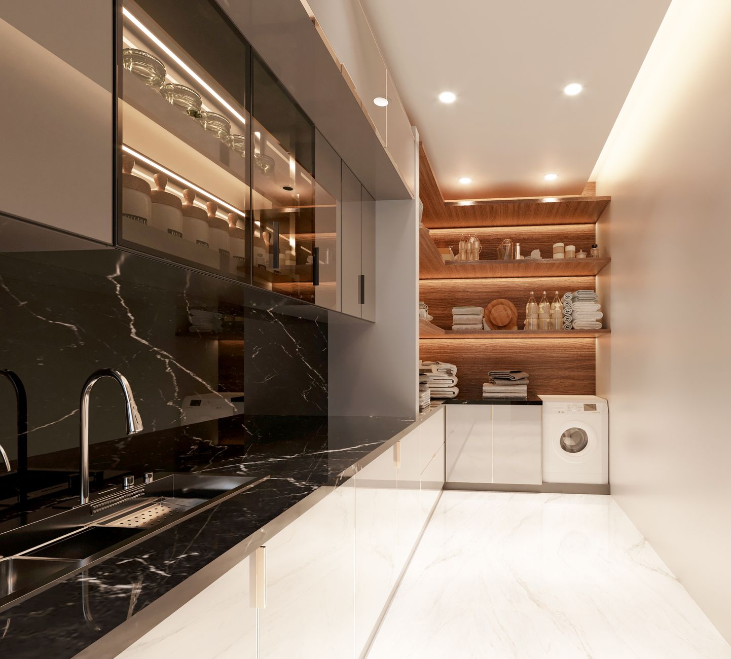 Compact walk-in pantry with pull-out drawers and LED lighting