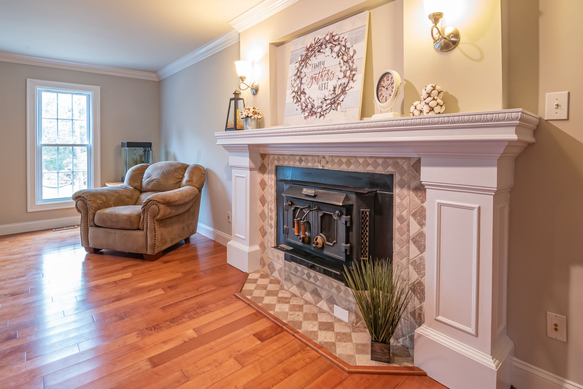 photo of fireplace near sofa