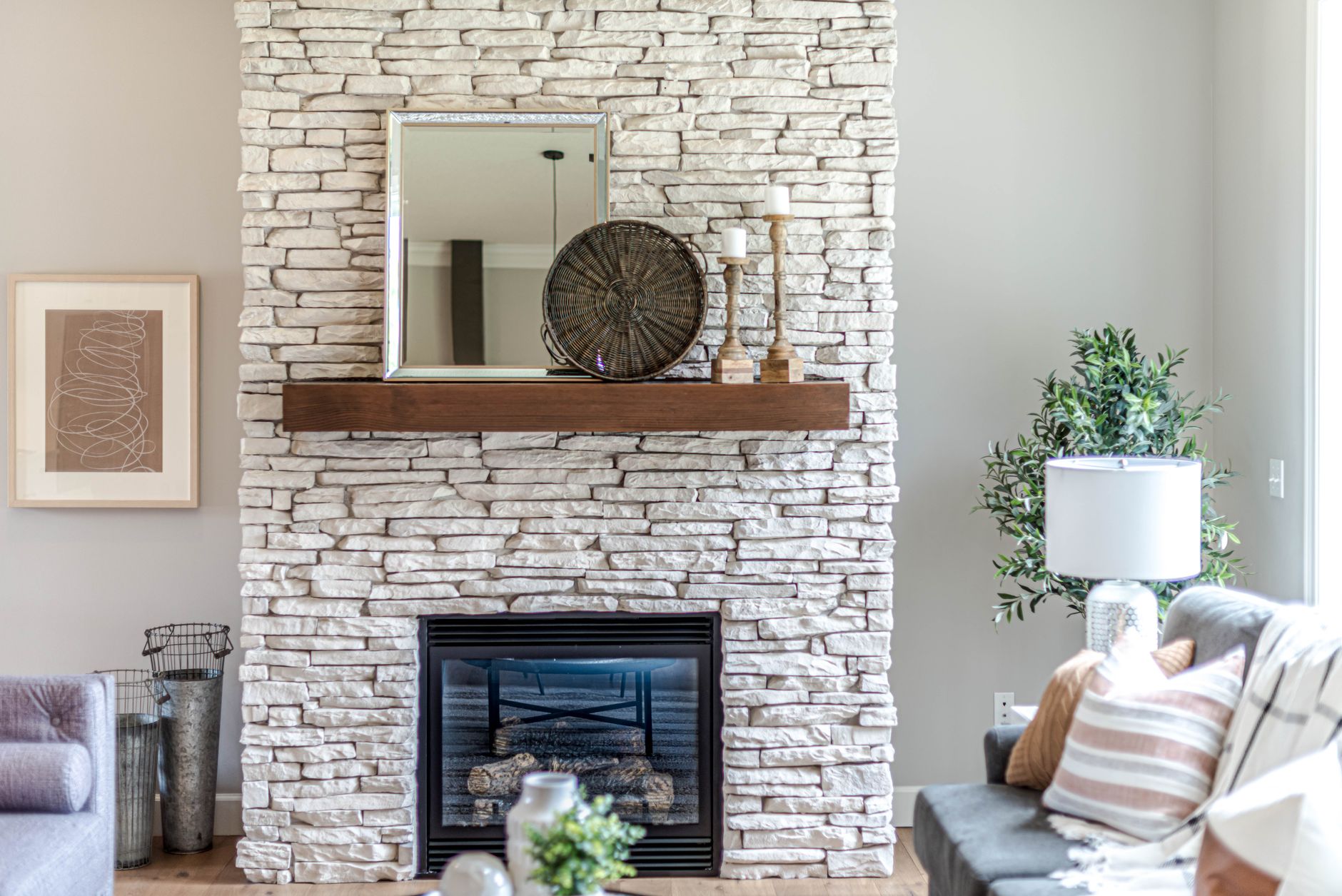 Modern living room featuring stylish fireplace mantel ideas with wood mantel