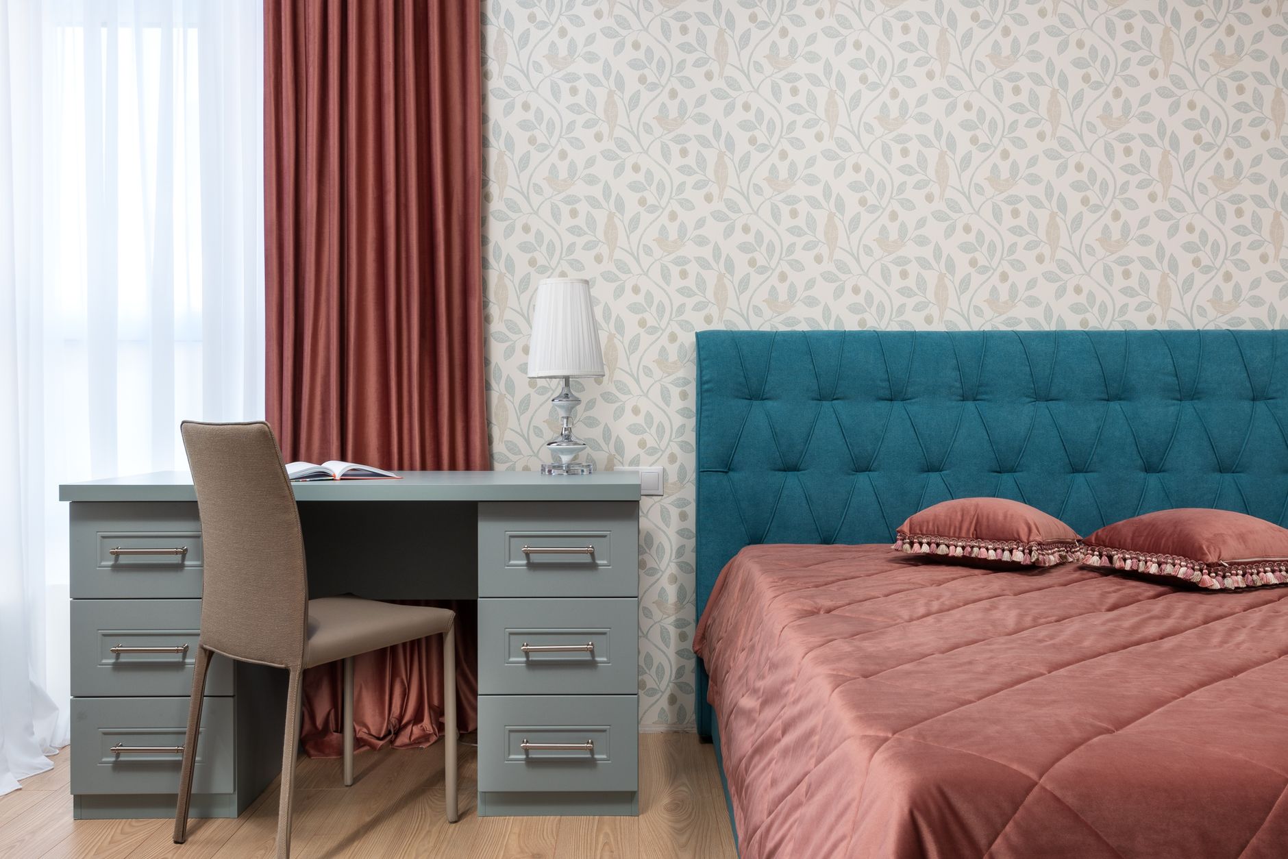 contemporary bedroom interior with furniture at home