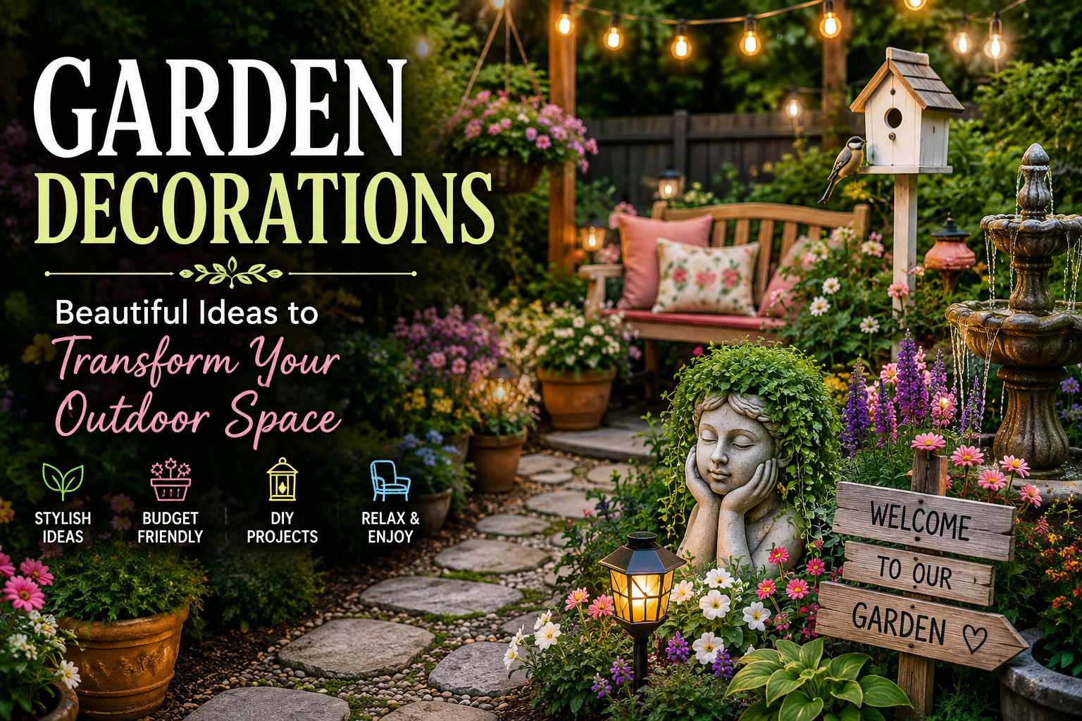 Discover 35 beautiful garden decorations to transform your outdoor space. Explore budget-friendly ideas, planters, lighting, statues, seating, DIY accents, and more.