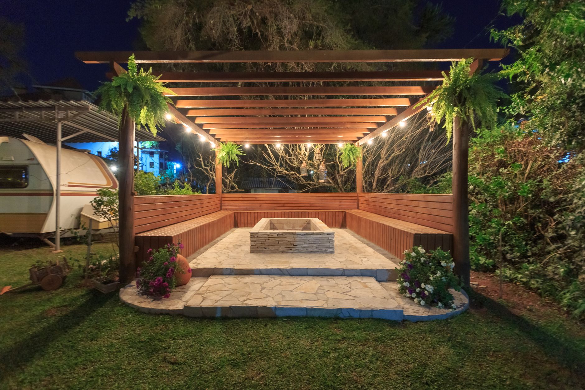 Covered Deck With a Fireplace