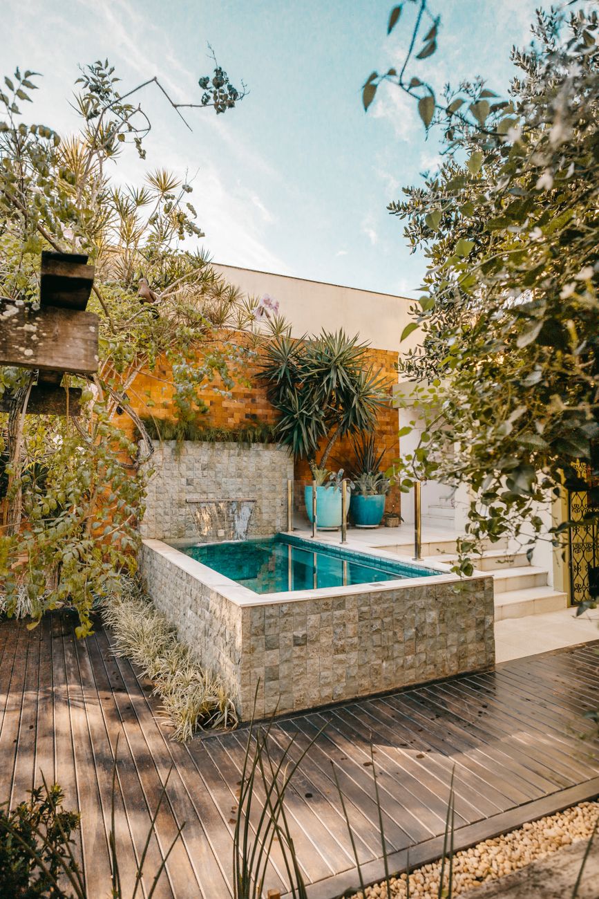 serene backyard pool oasis with lush greenery