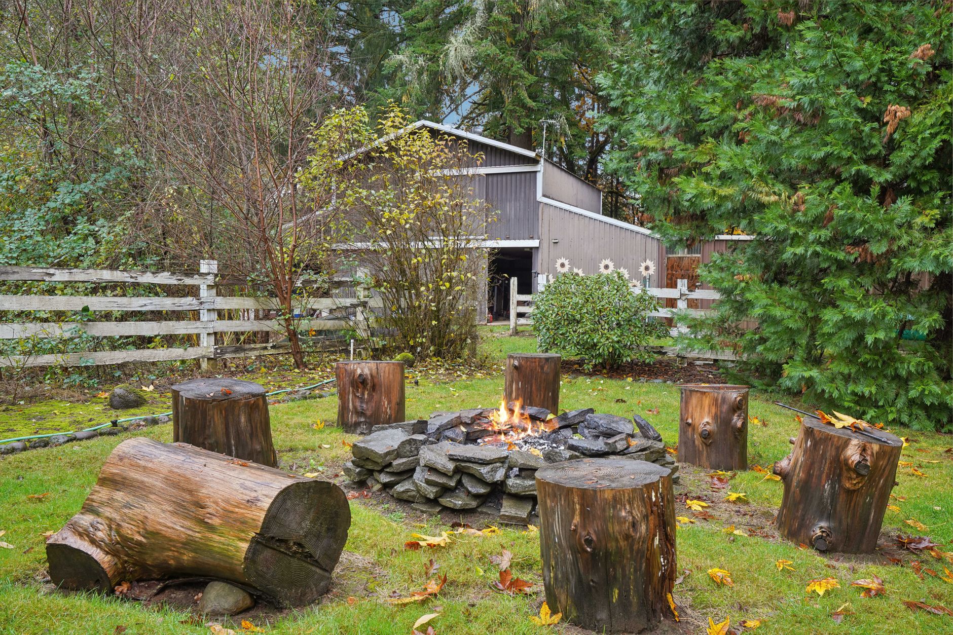rustic backyard fire pit with log stools