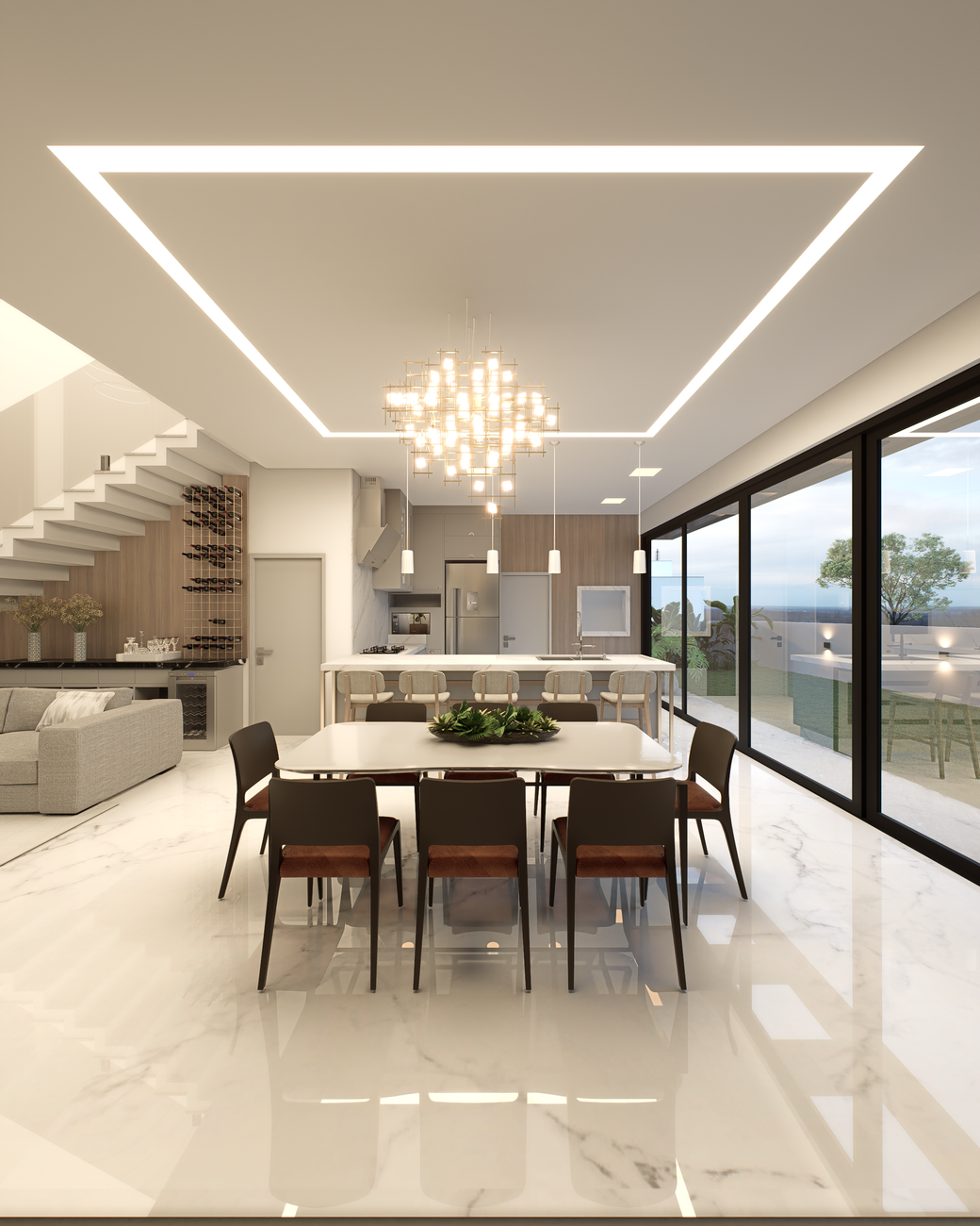 modern open plan living and dining area lighting