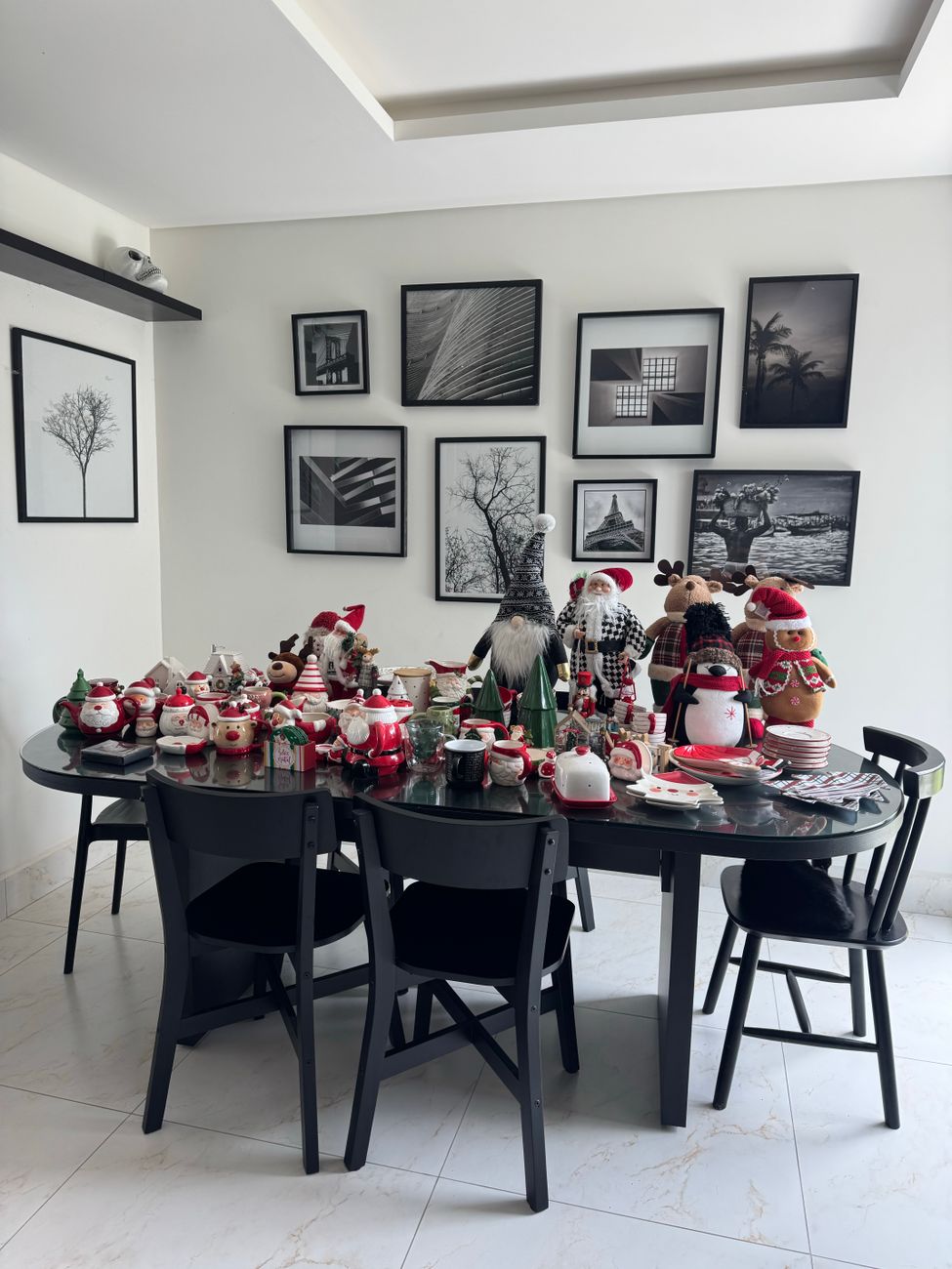 festive christmas table decor with santa figurines