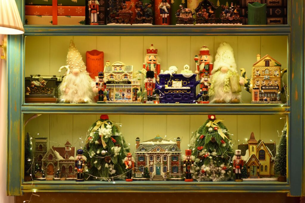 festive holiday display with christmas figurines