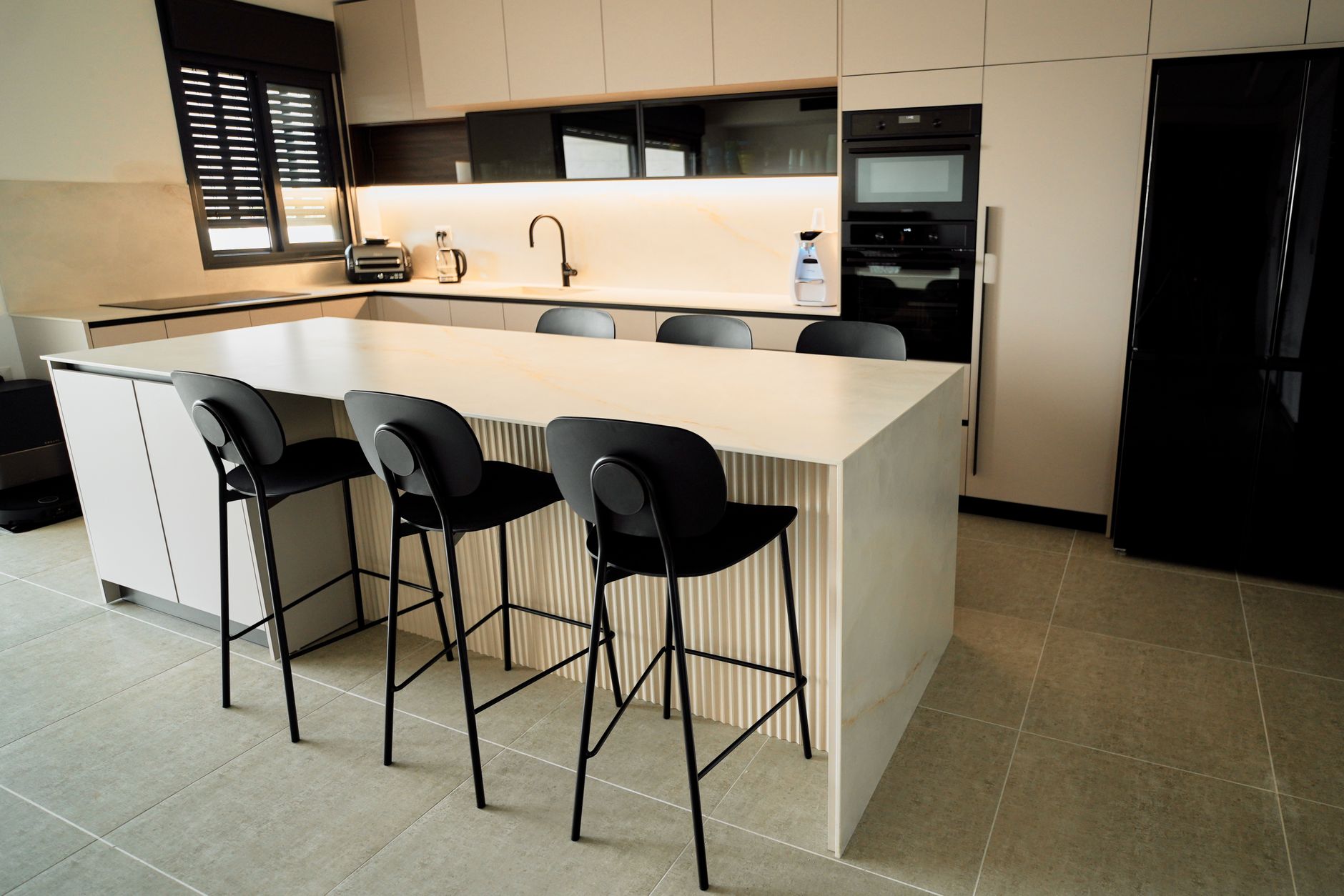 modern minimalist kitchen with island seating