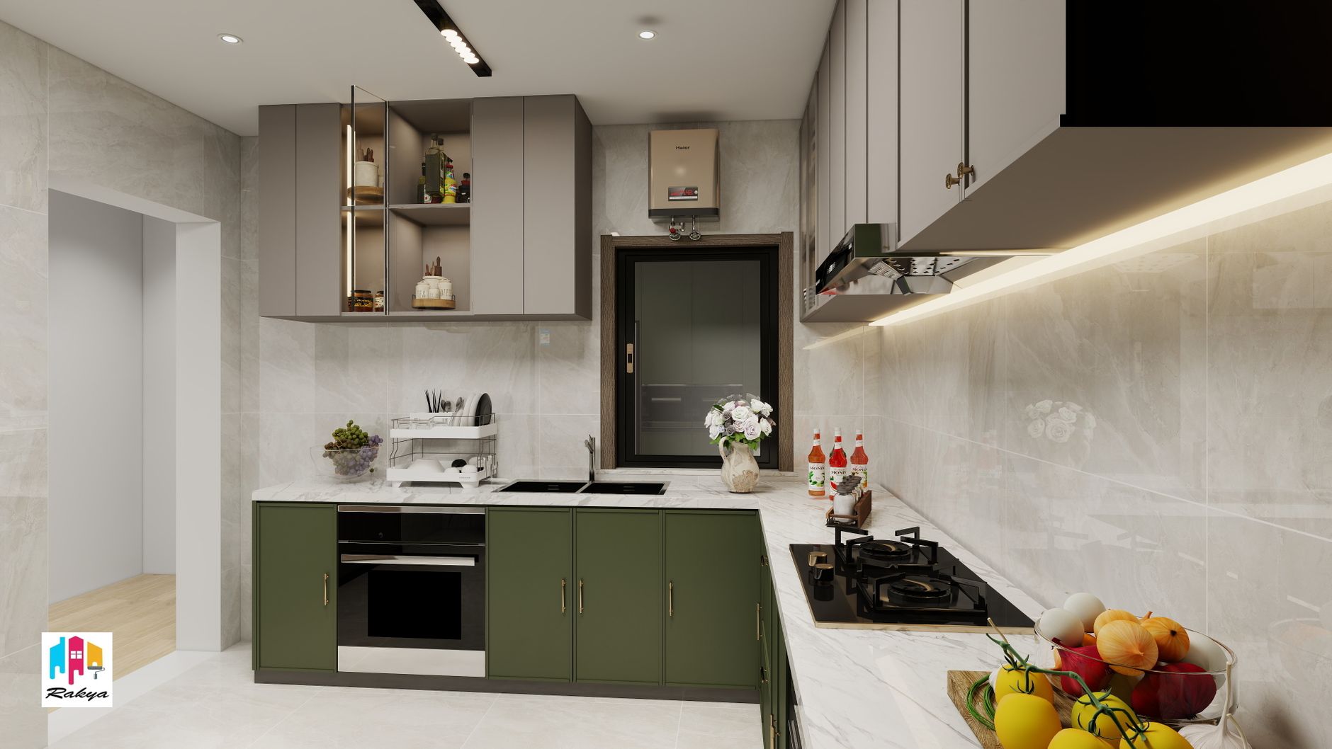 modern stylish kitchen with marble countertops