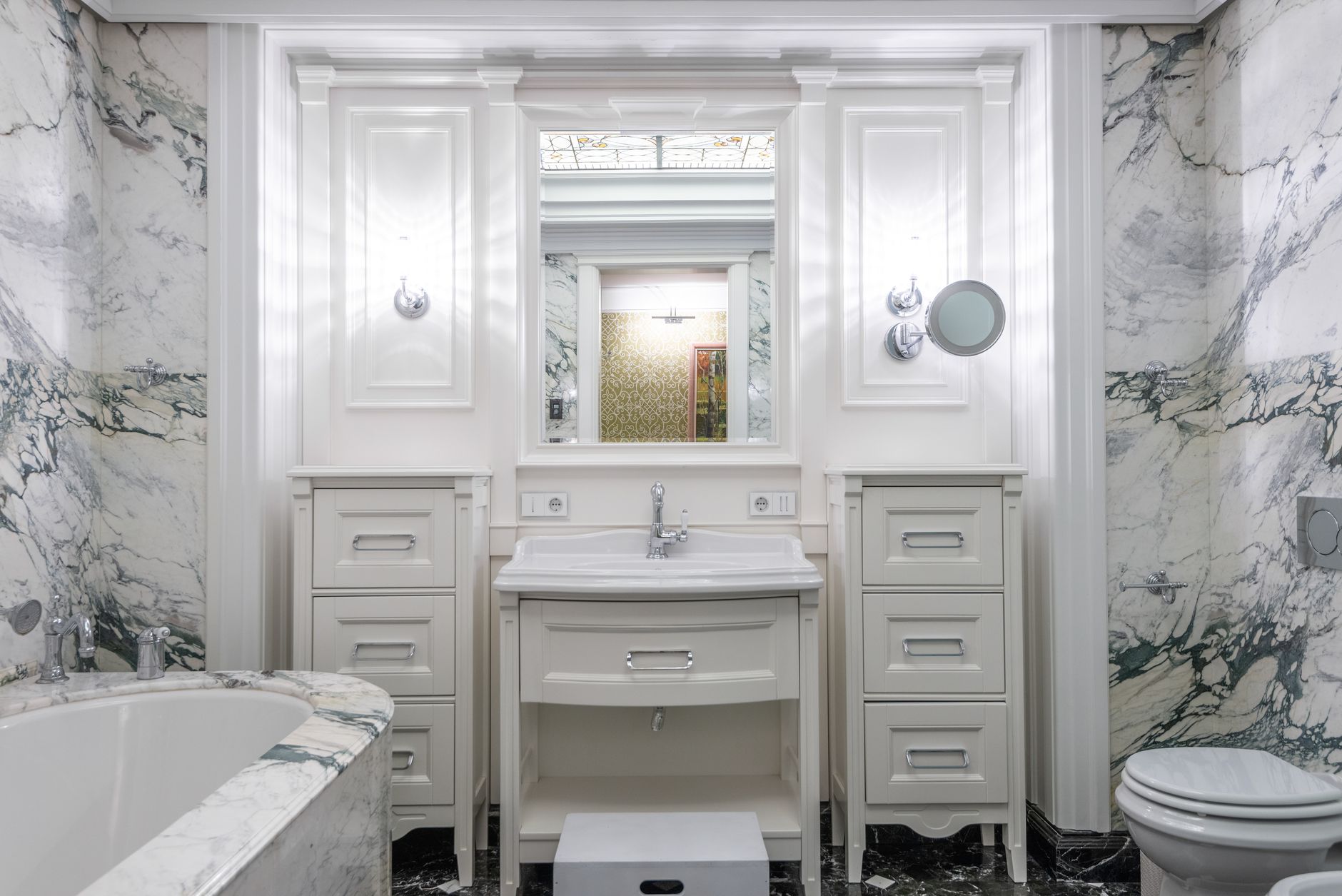 a modern bathroom with cabinet