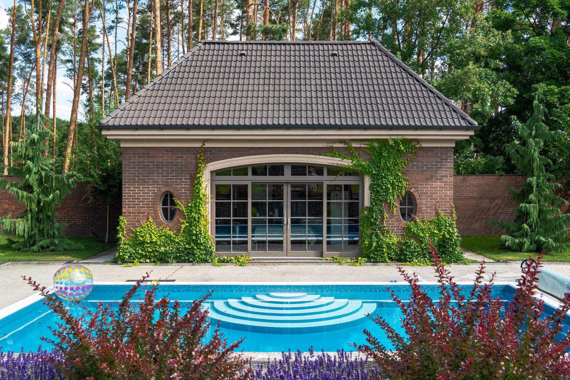 large poolside shed in summer