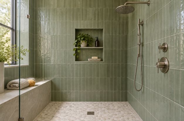 Image 1: Large-format porcelain creates a calm, low-maintenance bathroom floor.