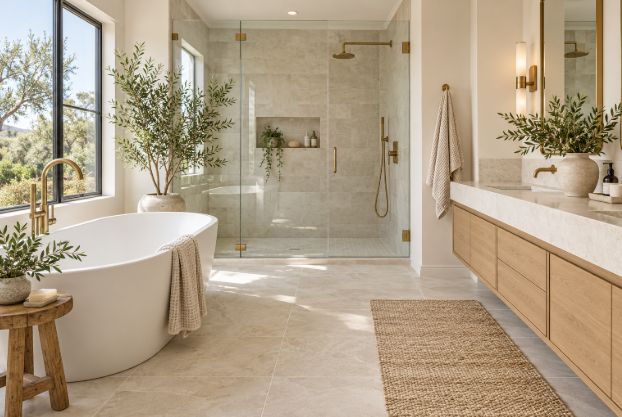Image 2: Vertical sage tile adds color while small mosaics follow the shower floor slope.