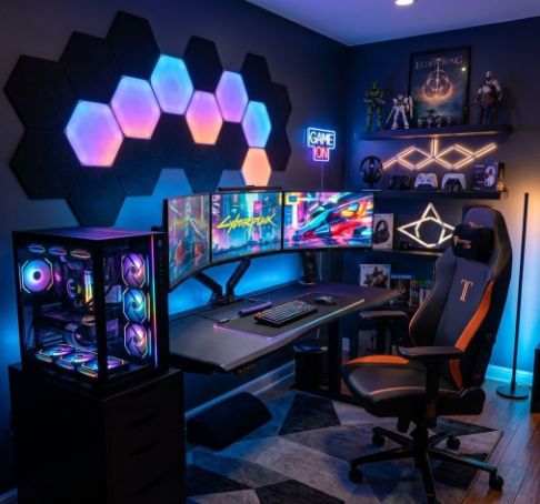 Organized gaming accessories, controllers, and headset neatly stored on a shelf.