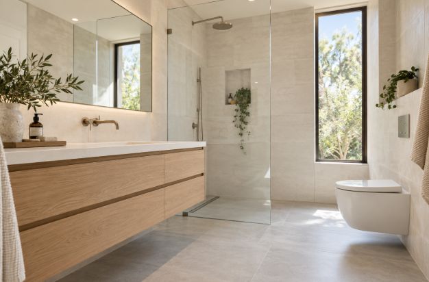 Image 5: A simple mix of durable floor tile and classic shower tile can work for everyday family use.