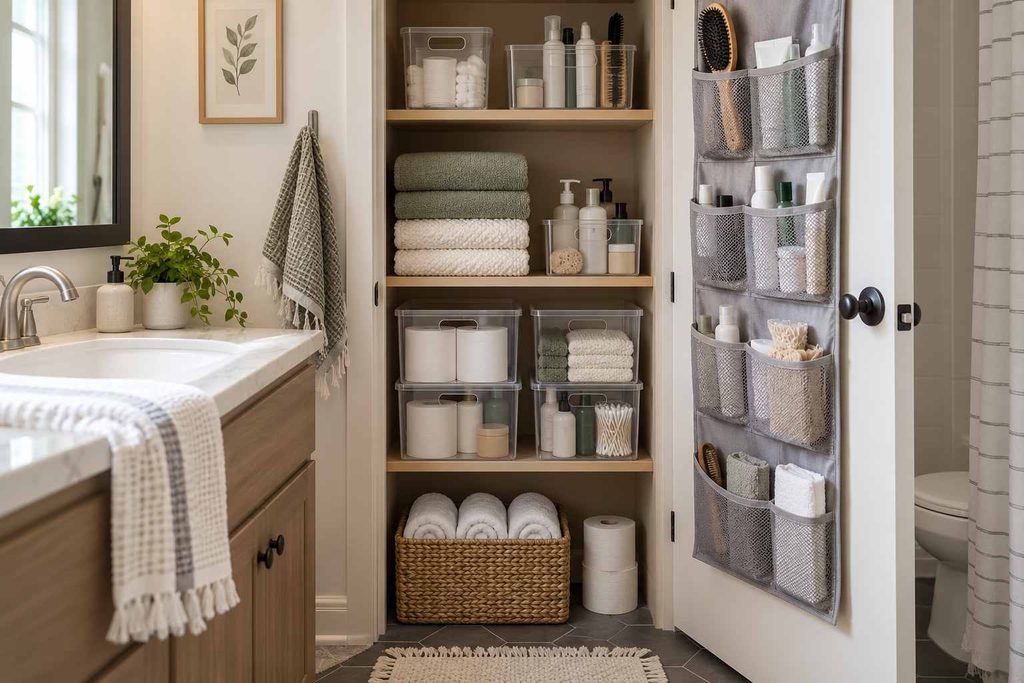 Compact bathroom cabinet with stackable bins and an over-door organizer