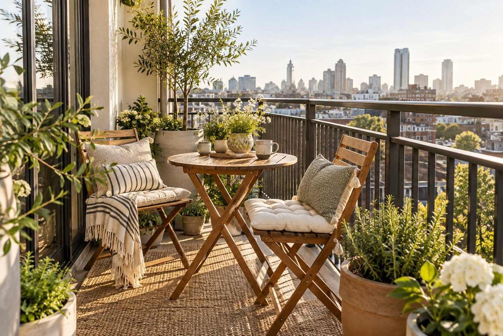 Compact balcony bistro table and chairs set up for morning coffee.