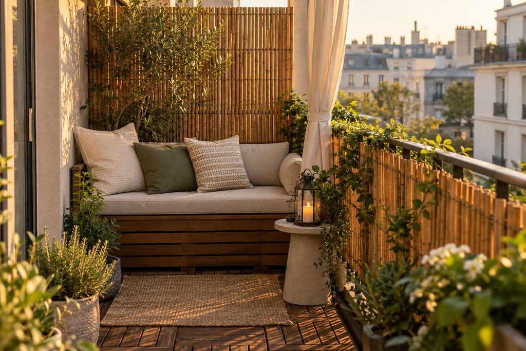  Cozy balcony bench with cushions and a bamboo privacy screen.