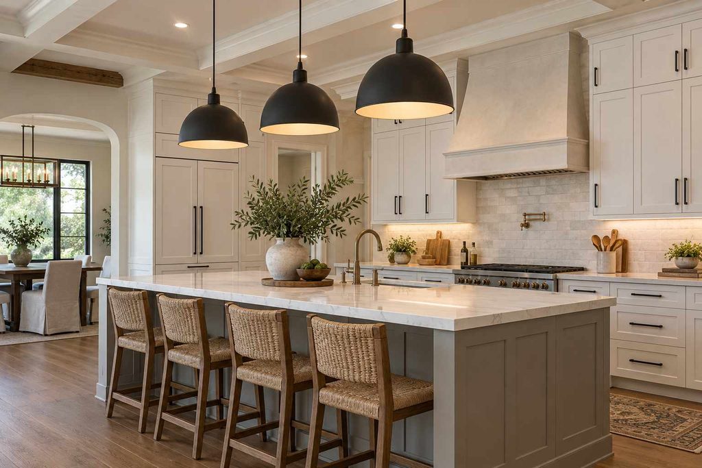 Black metal pendants: “Black metal pendant lights above a bright white kitchen island”