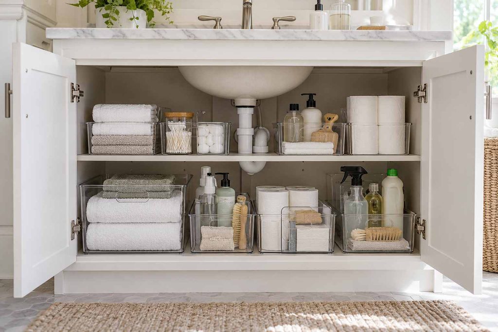 Bathroom cabinet shelves with toiletries and skincare grouped in clear organizers