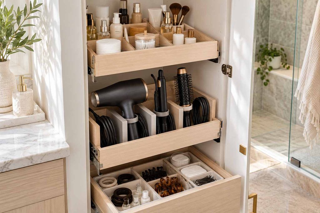 Bathroom vanity drawers divided for hair tools, grooming items, and toiletries