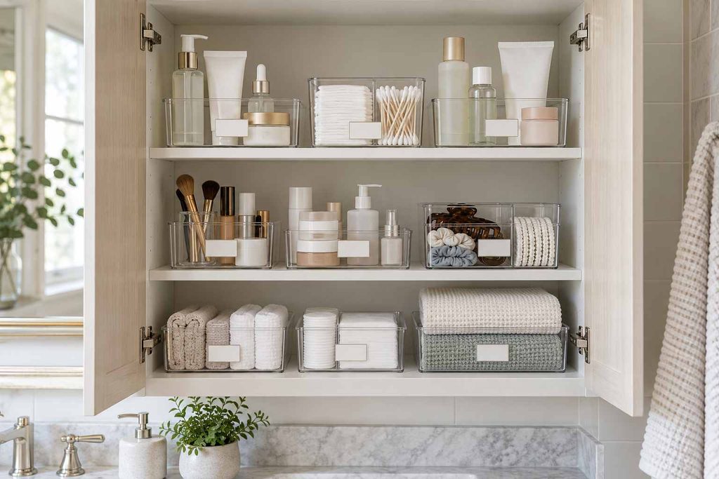 Bathroom vanity cabinet organized with clear bins, towels, and separate supplies