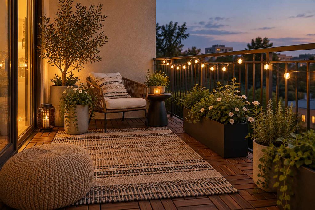 Apartment balcony with warm string lights, potted plants, and a compact lounge chair at dusk.