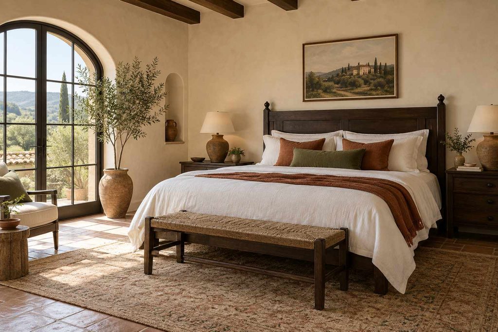 Living room: “Spanish style living room with exposed wood beams, terracotta floors, and a neutral sofa”