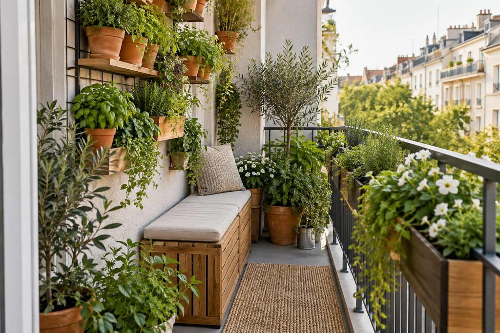 Narrow apartment balcony with a vertical herb garden, railing planters, and a compact bench.