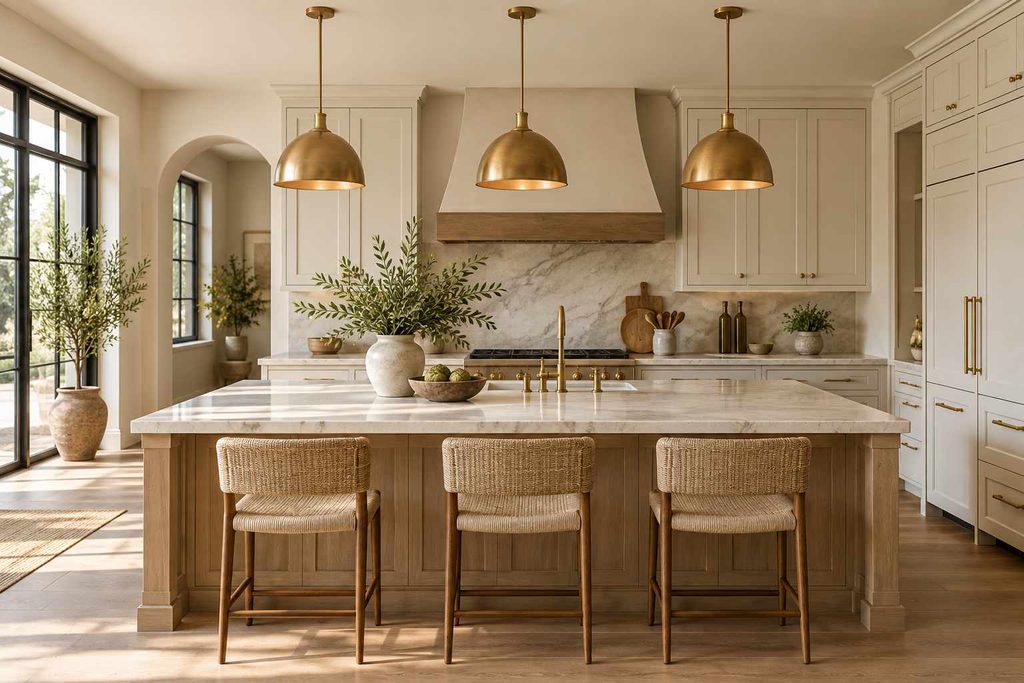 Three brass pendants over an island: “Brass pendant lights above a kitchen island with cream cabinets”