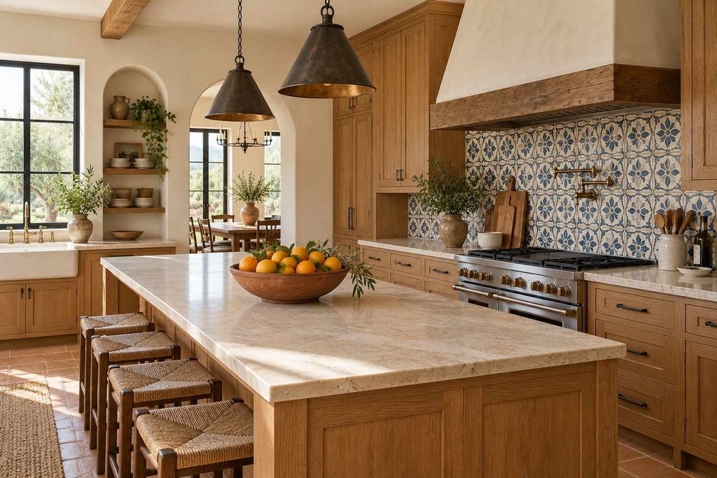 Kitchen: “Spanish style kitchen with natural wood cabinets and a patterned tile backsplash”