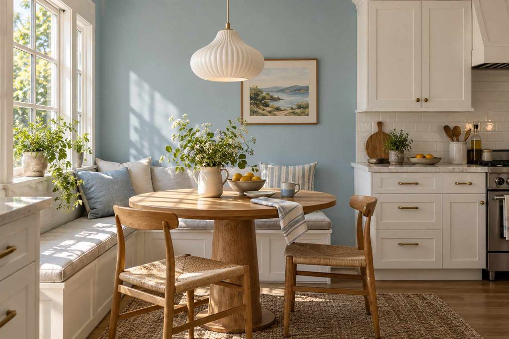 Pendant over a breakfast nook: “White pendant light above a small kitchen breakfast table”