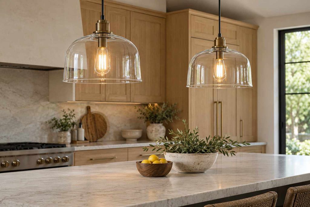 Glass pendants: “Clear glass pendant lights with warm bulbs above a kitchen island”