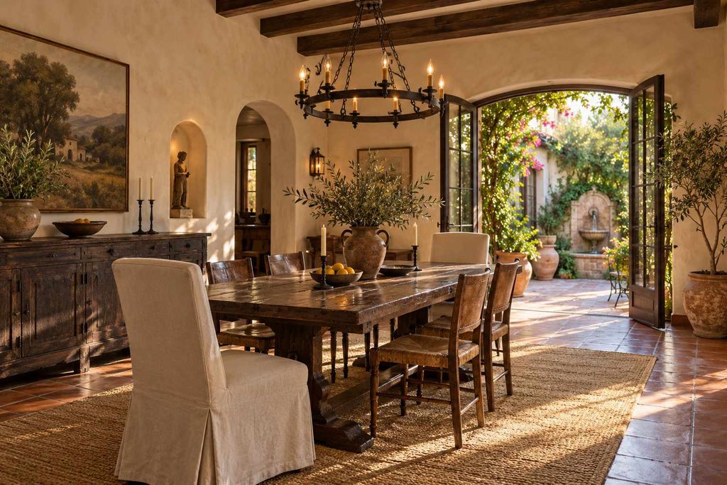 Dining room: “Spanish style dining room with a wood table, wrought iron chandelier, and courtyard view”