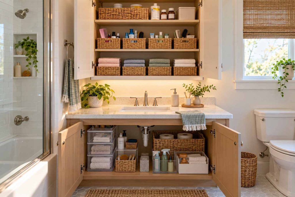 Family bathroom cabinet with labeled baskets, folded towels, and secured supplies