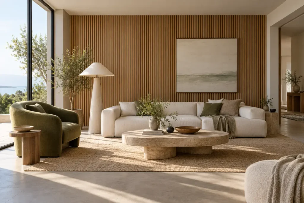 Natural oak slat accent wall in a bright contemporary living room