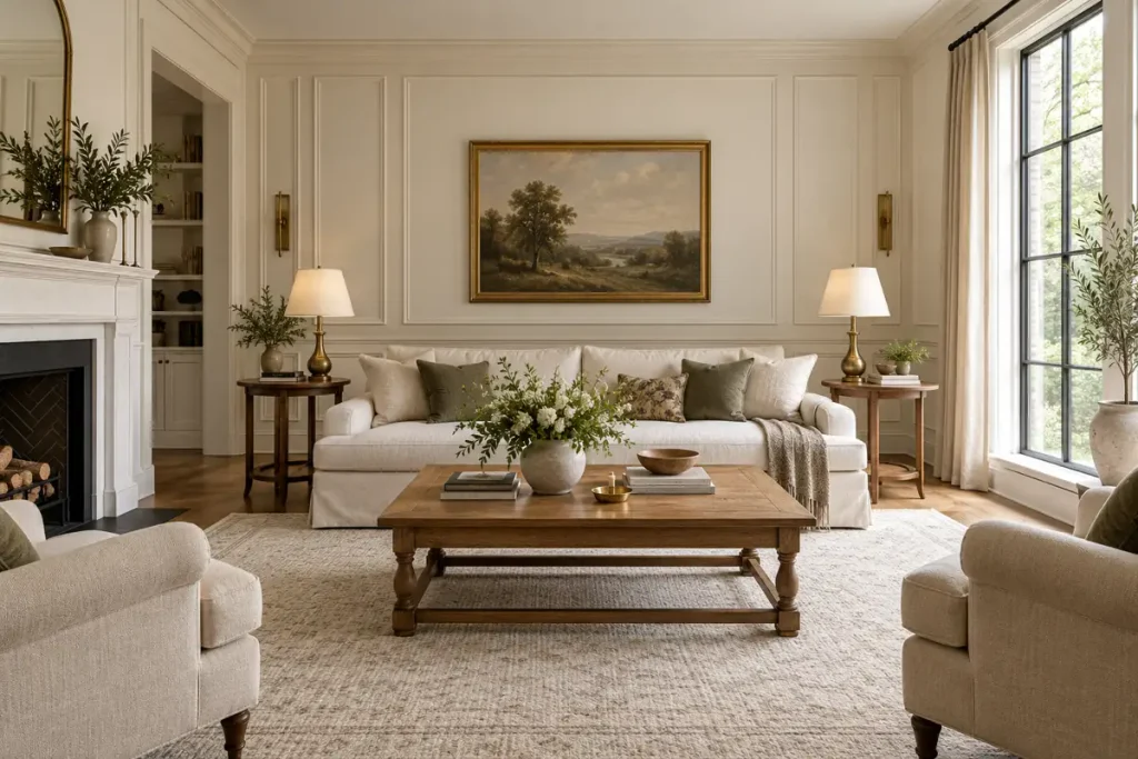 Warm white picture-frame molding behind a cream sofa in a traditional living room