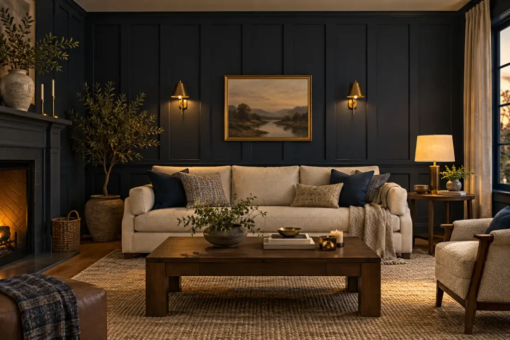 Deep navy board-and-batten wall behind a beige sofa with warm lighting
